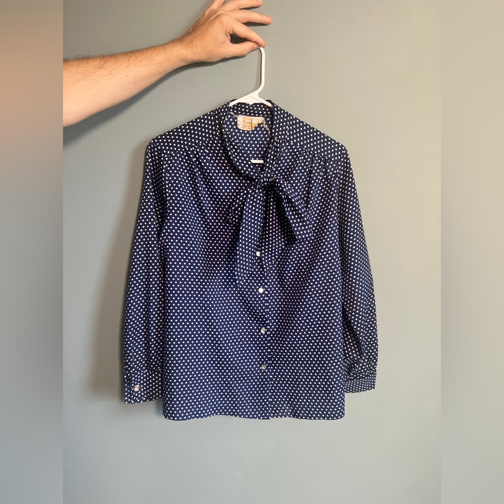 Vintage blue and white polka dots bow blouse